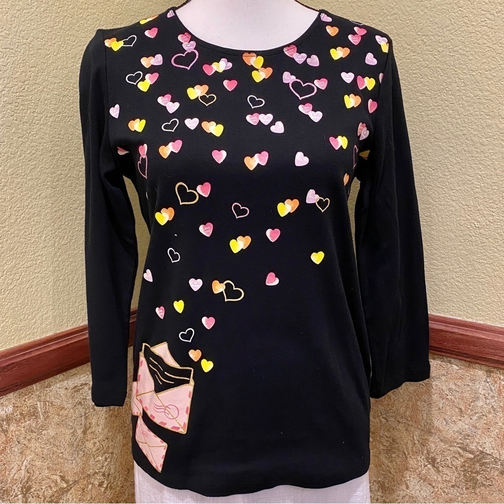 Karen Scott Valentines Black Top With Hearts And Glitter Size Small Candy Hearts - Picture 8 of 8